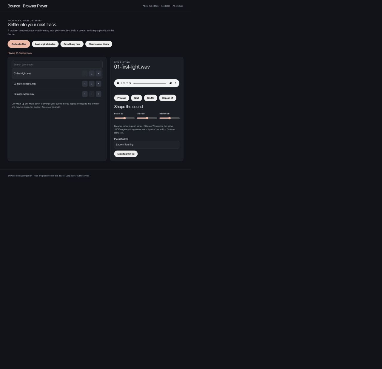 Bounce: Get into a track. Play original audio studies from a local queue.